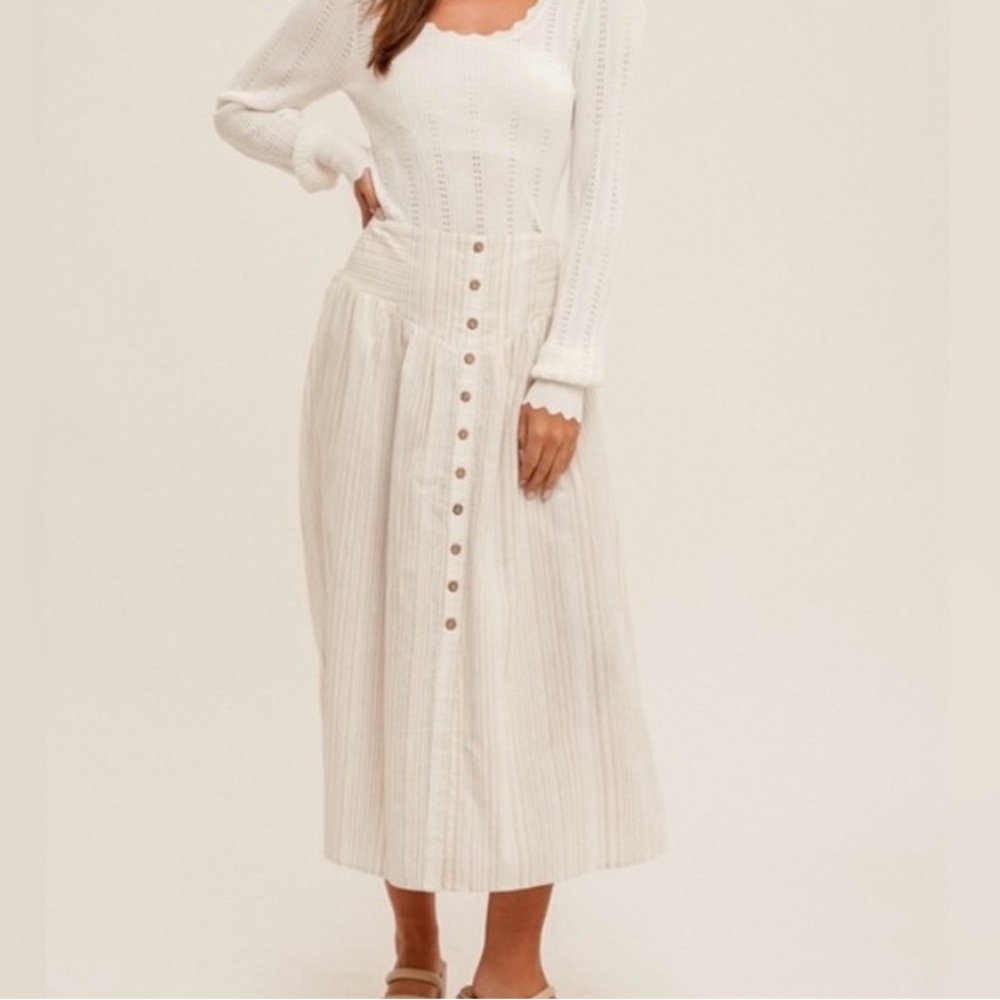 NWT Button Front Smocked Multi Stripe MIDI Skirt